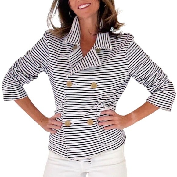 Frank & Eileen Mini Belfast Navy White Striped Cropped Cotton Pea Coat Size S - Picture 1 of 9